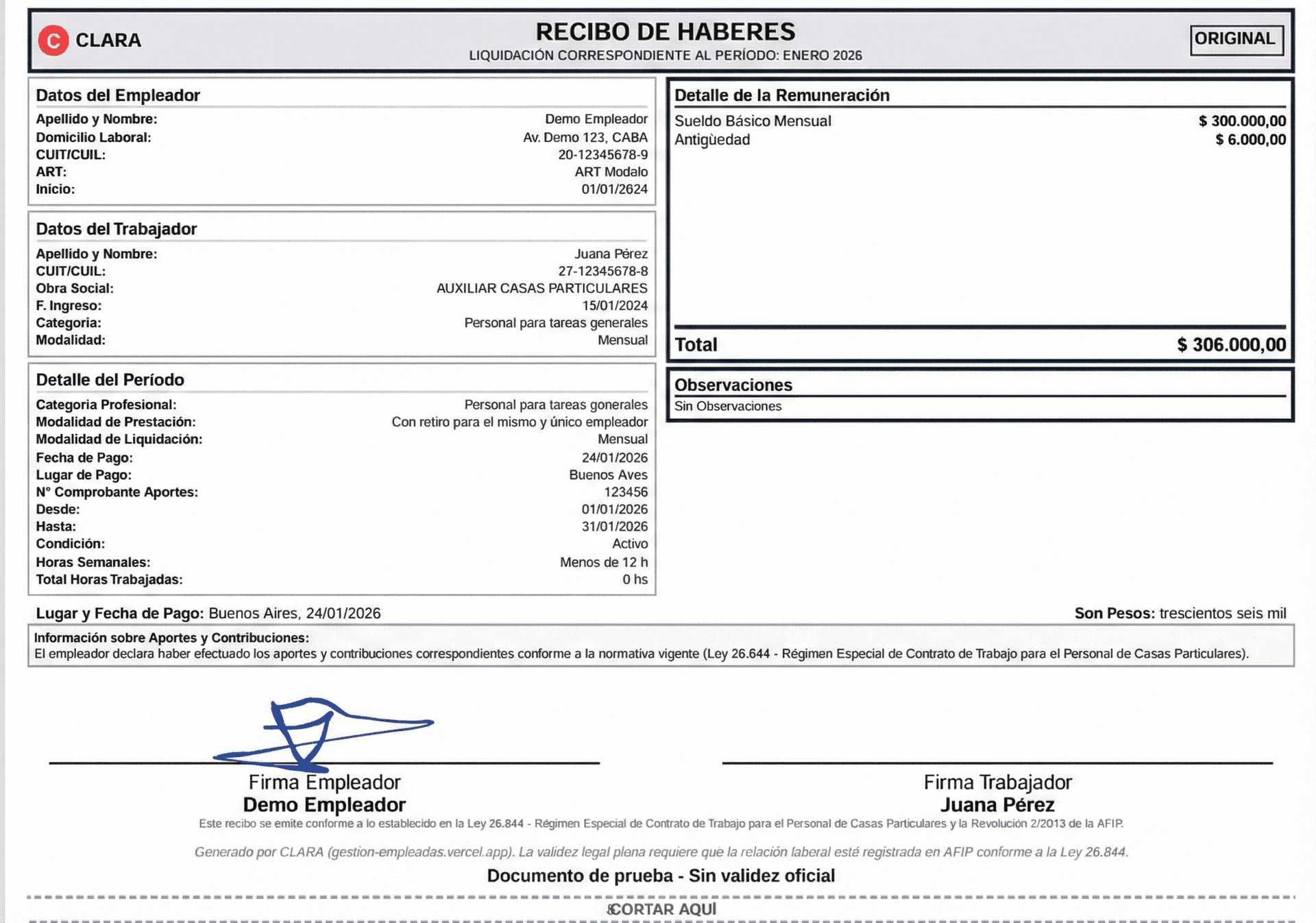 Recibo de sueldo profesional generado con Clara
